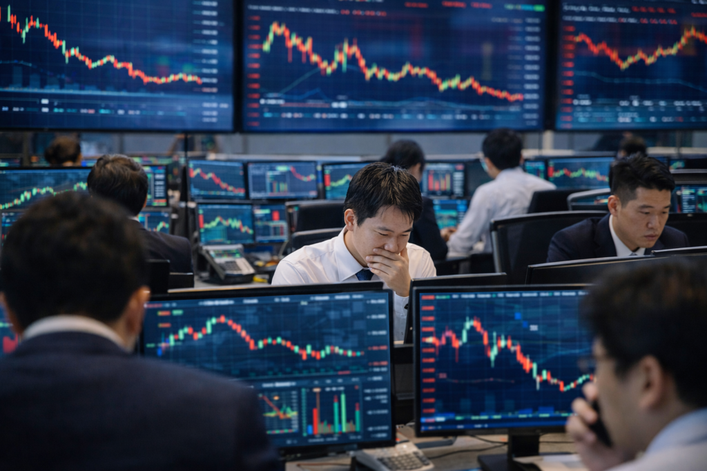 Traders monitor falling stock charts across multiple screens on a busy Asian financial-market trading floor.